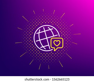 Friends world line icon. Halftone pattern. Friendship love sign. World brand ambassador symbol. Gradient background. World brand line icon. Yellow halftone pattern. Vector