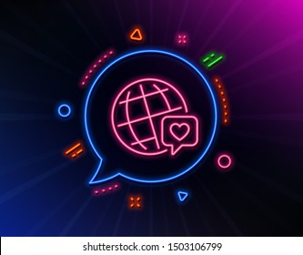 Friends world line icon. Neon laser lights. Friendship love sign. World brand ambassador symbol. Glow laser speech bubble. Neon lights chat bubble. Banner badge with world brand icon. Vector