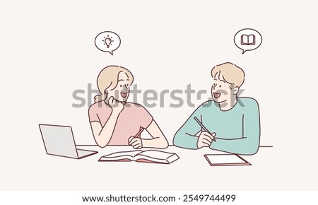 Friends, writing or students reading book in college for education, project or study at university library. Hand drawn style vector design illustrations.