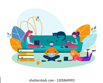 Friends Young People Study, Get Education, Prepare For A Session At The School, University, Work Together. Vector Illustration.