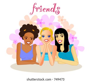 Friends-A group of smiling young women of different ethnicity, sitting together enjoying each other's company. Colours/words can be edited & girls easily isolated in this layered vector illustration.