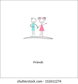 Friends.Card with boy and girl.Isolated on white background.Vector. 