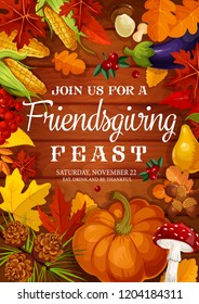 Friendsgiving feast of Thanksgiving potluck dinner invitation and greeting card. Vector Friendsgiving celebration with friends, design of autumn harvest pumpkin vegetables and maple leaves