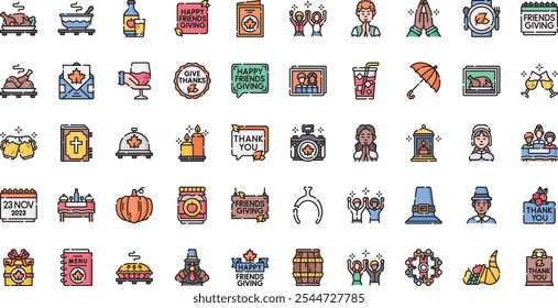 Friendsgiving icons High-Quality Vector Icons Collection with Editable Stroke. Ideal for Professional and Creative Projects.