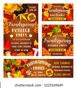 Friendsgiving Potluck Dinner Party Poster. Vector Thanksgiving Holiday Or Friendsgiving Eat And Drink Feast Harvest, Mushrooms, Autumn Leaves Foliage And Berries