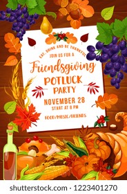 Friendsgiving potluck party of Thanksgiving holiday. Autumn harvest pumpkin vegetables and fruits in cornucopia, turkey, wine and fallen leaves, grape, acorn and wheat. Vector design