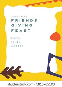 Friendsgiving Printables! Printable Invitations For A Thanks Giving Party With Friends Invitation Card. With Sober Yellow Background And Vector Elements