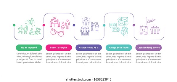 Friendship advices vector infographic template. Accept and support friends presentation design elements. Data visualization with 5 steps. Process timeline chart. Workflow layout with linear icons