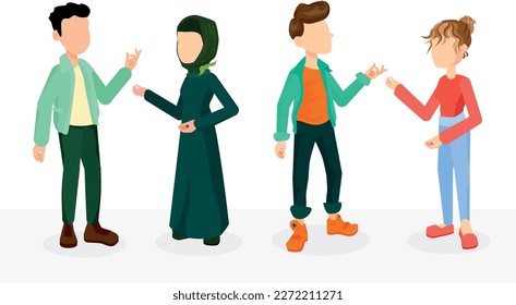 Friendship with all kinds of people vector illustration.  Positive dialogues between five people of different races vector illustration.