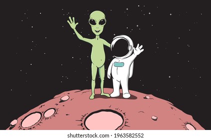 Friendship Of Astronaut And Alien.Color Version