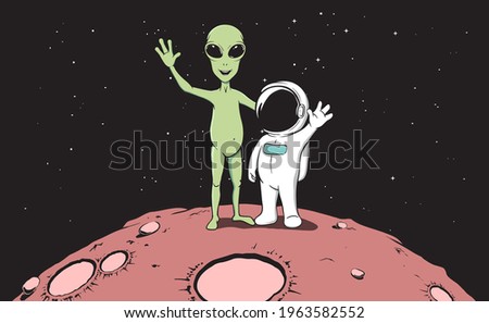 Friendship of astronaut and alien.Color version
