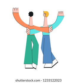 Friendship and attachment in relationships concept with two men standing with their back and hugging in flat style isolated on white background - vector illustration of meeting of friends.