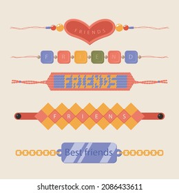 Friendship band wristband.  Friend bracelet. Amity forever. Happy relationship, unity. Partnership hand braclet, brotherhood strap. together concept design. Connection bangle. Vector illustration.