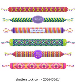 Friendship band wristband.  Friend bracelet. Amity forever. Happy relationship, unity. Partnership hand braclet, brotherhood strap. together concept design. Connection bangle. Vector illustration.