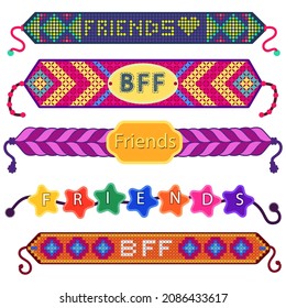 Friendship band wristband.  Friend bracelet. Amity forever. Happy relationship, unity. Partnership hand braclet, brotherhood strap. together concept design. Connection bangle. Vector illustration.