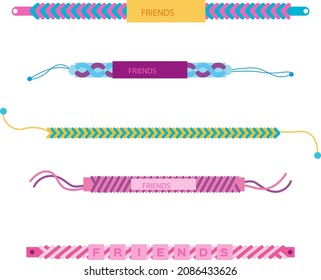 Friendship band wristband.  Friend bracelet. Amity forever. Happy relationship, unity. Partnership hand braclet, brotherhood strap. together concept design. Connection bangle. Vector illustration.