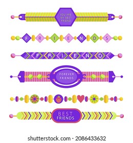 Friendship band wristband.  Friend bracelet. Amity forever. Happy relationship, unity. Partnership hand braclet, brotherhood strap. together concept design. Connection bangle. Vector illustration.