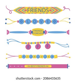 Friendship band wristband.  Friend bracelet. Amity forever. Happy relationship, unity. Partnership hand braclet, brotherhood strap. together concept design. Connection bangle. Vector illustration.