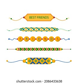 Friendship band wristband.  Friend bracelet. Amity forever. Happy relationship, unity. Partnership hand braclet, brotherhood strap. together concept design. Connection bangle. Vector illustration.