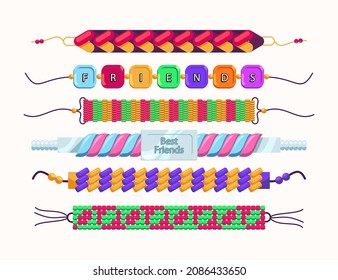 Friendship band wristband.  Friend bracelet. Amity forever. Happy relationship, unity. Partnership hand braclet, brotherhood strap. together concept design. Connection bangle. Vector illustration.