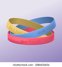 Friendship band wristband.  Friend bracelet. Amity forever. Happy relationship, unity. Partnership hand braclet, brotherhood strap. together concept design. Connection bangle. Vector illustration.