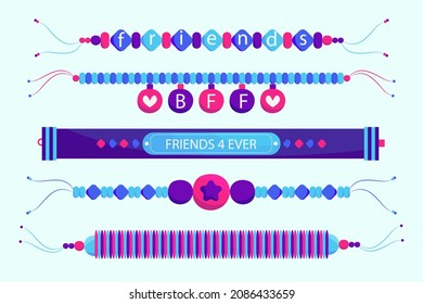 Friendship band wristband.  Friend bracelet. Amity forever. Happy relationship, unity. Partnership hand braclet, brotherhood strap. together concept design. Connection bangle. Vector illustration.