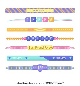 Friendship band wristband.  Friend bracelet. Amity forever. Happy relationship, unity. Partnership hand braclet, brotherhood strap. together concept design. Connection bangle. Vector illustration.