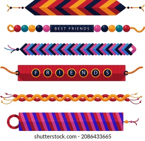 Friendship band wristband.  Friend bracelet. Amity forever. Happy relationship, unity. Partnership hand braclet, brotherhood strap. together concept design. Connection bangle. Vector illustration.