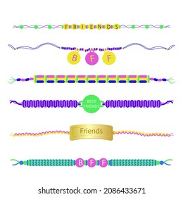 Friendship band wristband.  Friend bracelet. Amity forever. Happy relationship, unity. Partnership hand braclet, brotherhood strap. together concept design. Connection bangle. Vector illustration.