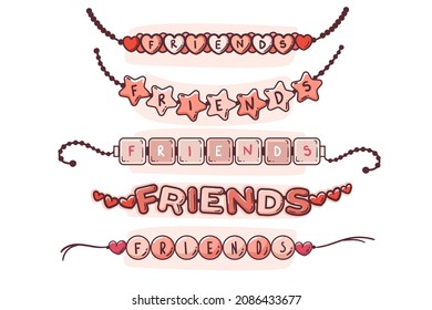 Friendship band wristband.  Friend bracelet. Amity forever. Happy relationship, unity. Partnership hand braclet, brotherhood strap. together concept design. Connection bangle. Vector illustration.