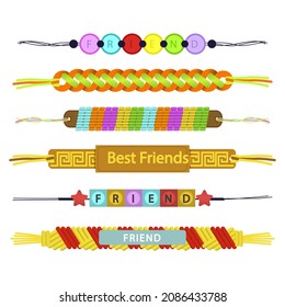 Friendship band wristband.  Friend bracelet. Amity forever. Happy relationship, unity. Partnership hand braclet, brotherhood strap. together concept design. Connection bangle. Vector illustration.