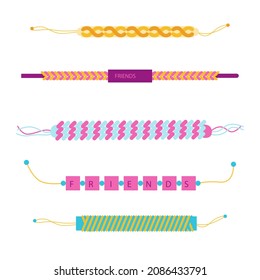 Friendship band wristband.  Friend bracelet. Amity forever. Happy relationship, unity. Partnership hand braclet, brotherhood strap. together concept design. Connection bangle. Vector illustration.