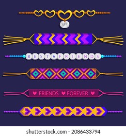 Friendship band wristband.  Friend bracelet. Amity forever. Happy relationship, unity. Partnership hand braclet, brotherhood strap. together concept design. Connection bangle. Vector illustration.