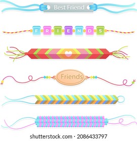 Friendship band wristband.  Friend bracelet. Amity forever. Happy relationship, unity. Partnership hand braclet, brotherhood strap. together concept design. Connection bangle. Vector illustration.