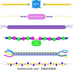 Friendship band wristband.  Friend bracelet. Amity forever. Happy relationship, unity. Partnership hand braclet, brotherhood strap. together concept design. Connection bangle. Vector illustration.