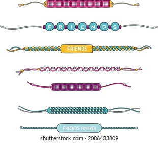 Friendship band wristband.  Friend bracelet. Amity forever. Happy relationship, unity. Partnership hand braclet, brotherhood strap. together concept design. Connection bangle. Vector illustration.