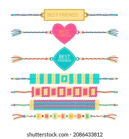 Friendship band wristband.  Friend bracelet. Amity forever. Happy relationship, unity. Partnership hand braclet, brotherhood strap. together concept design. Connection bangle. Vector illustration.