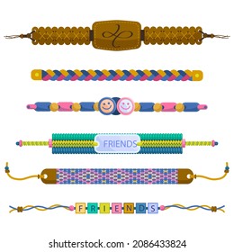 Friendship band wristband.  Friend bracelet. Amity forever. Happy relationship, unity. Partnership hand braclet, brotherhood strap. together concept design. Connection bangle. Vector illustration.