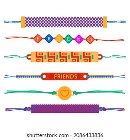 Friendship band wristband.  Friend bracelet. Amity forever. Happy relationship, unity. Partnership hand braclet, brotherhood strap. together concept design. Connection bangle. Vector illustration.