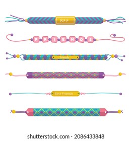 Friendship band wristband.  Friend bracelet. Amity forever. Happy relationship, unity. Partnership hand braclet, brotherhood strap. together concept design. Connection bangle. Vector illustration.