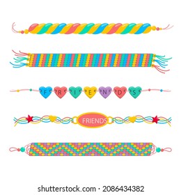 Friendship band wristband.  Friend bracelet. Amity forever. Happy relationship, unity. Partnership hand braclet, brotherhood strap. together concept design. Connection bangle. Vector illustration.