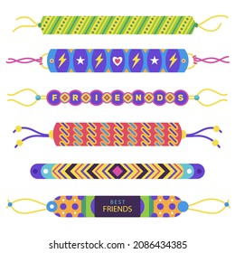 Friendship band wristband.  Friend bracelet. Amity forever. Happy relationship, unity. Partnership hand braclet, brotherhood strap. together concept design. Connection bangle. Vector illustration.