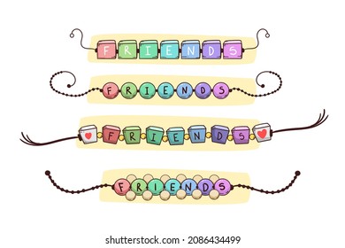 Friendship band wristband.  Friend bracelet. Amity forever. Happy relationship, unity. Partnership hand braclet, brotherhood strap. together concept design. Connection bangle. Vector illustration.