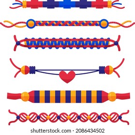 Friendship band wristband.  Friend bracelet. Amity forever. Happy relationship, unity. Partnership hand braclet, brotherhood strap. together concept design. Connection bangle. Vector illustration.