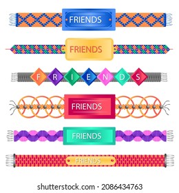 Friendship band wristband.  Friend bracelet. Amity forever. Happy relationship, unity. Partnership hand braclet, brotherhood strap. together concept design. Connection bangle. Vector illustration.