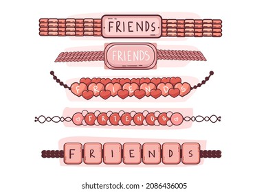 Friendship band wristband.  Friend bracelet. Amity forever. Happy relationship, unity. Partnership hand braclet, brotherhood strap. together concept design. Connection bangle. Vector illustration.