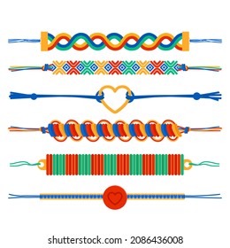 Friendship band wristband.  Friend bracelet. Amity forever. Happy relationship, unity. Partnership hand braclet, brotherhood strap. together concept design. Connection bangle. Vector illustration.