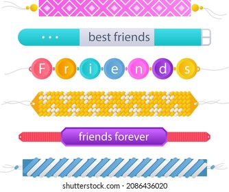 Friendship band wristband.  Friend bracelet. Amity forever. Happy relationship, unity. Partnership hand braclet, brotherhood strap. together concept design. Connection bangle. Vector illustration.