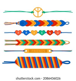 Friendship band wristband.  Friend bracelet. Amity forever. Happy relationship, unity. Partnership hand braclet, brotherhood strap. together concept design. Connection bangle. Vector illustration.