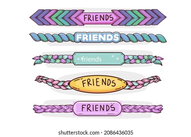 Friendship band wristband.  Friend bracelet. Amity forever. Happy relationship, unity. Partnership hand braclet, brotherhood strap. together concept design. Connection bangle. Vector illustration.